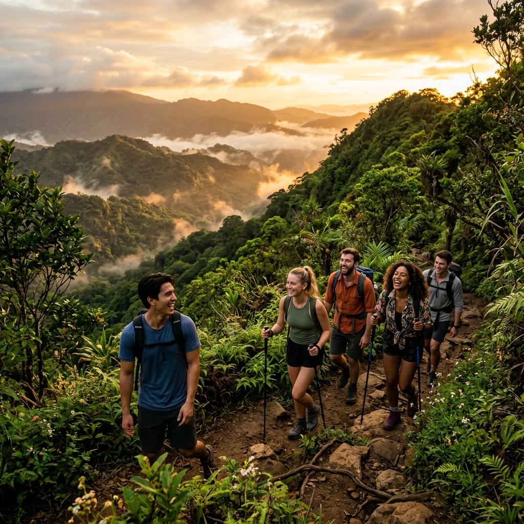Friends laughing on a jungle hiking trail at golden hour